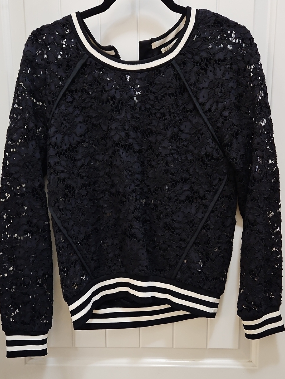 Veronica Beard Black Lace Sweatshirt with White-Trim Ribbing Size 6